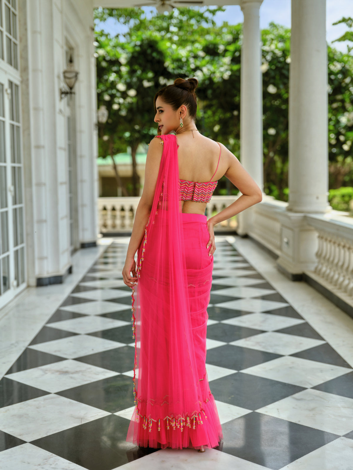 Fuchsia bloom Pre-Draped saree set