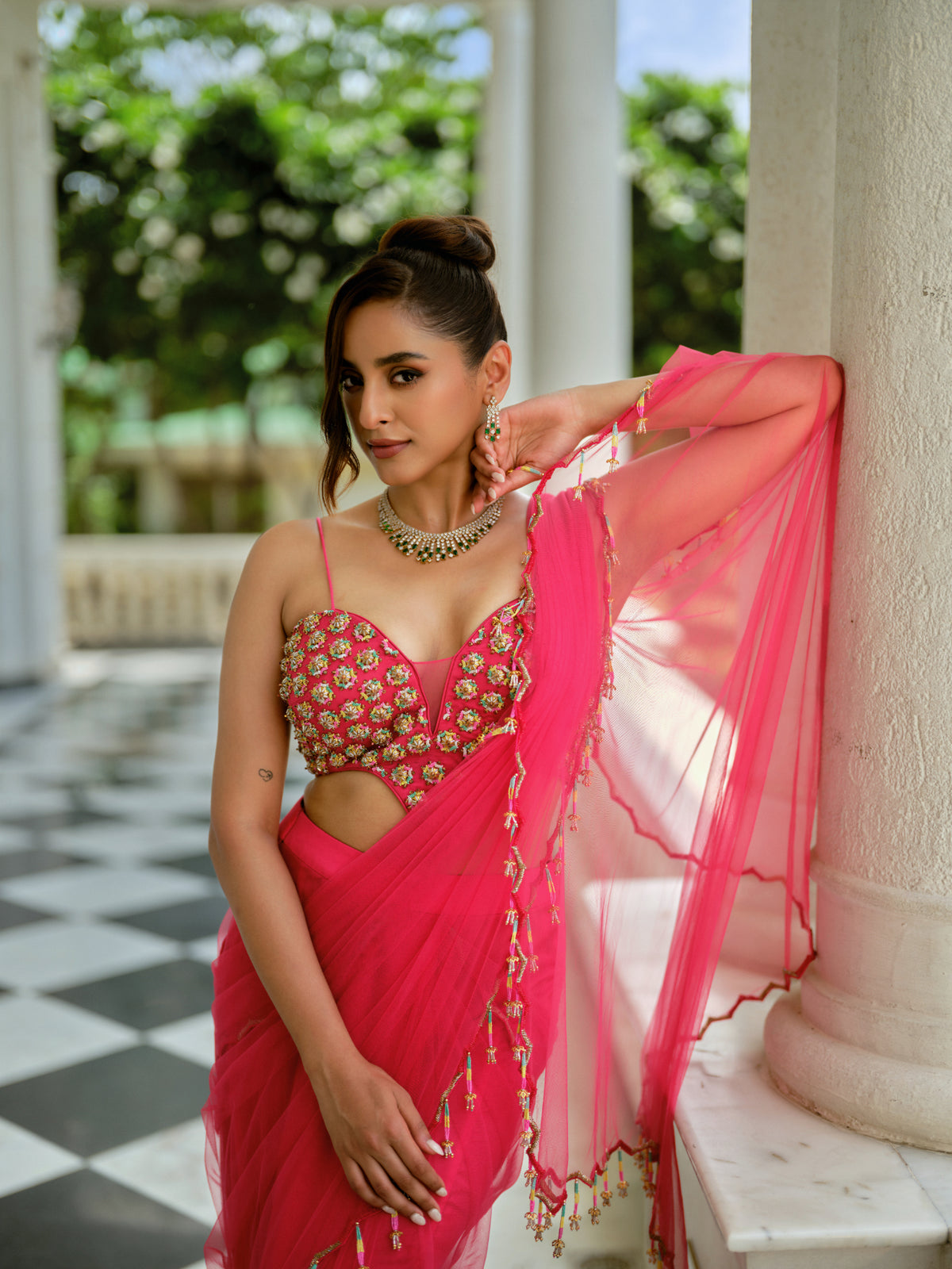 Fuchsia bloom Pre-Draped saree set