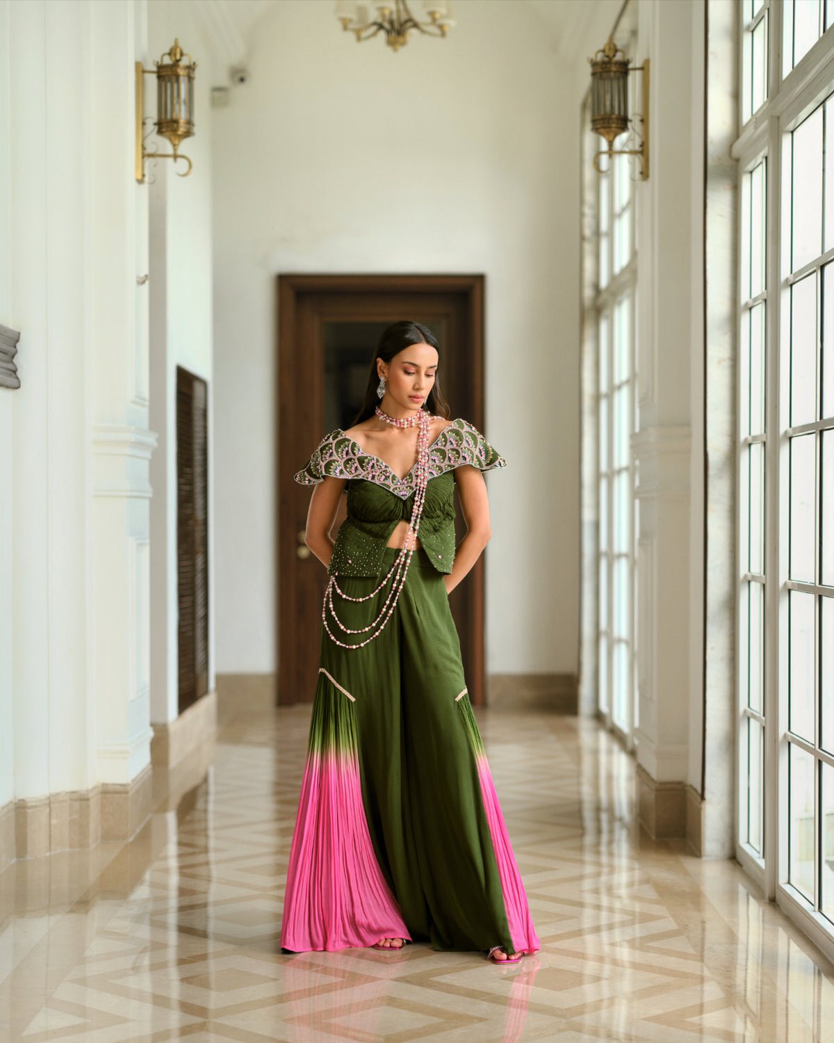 Embellished Cape-Style Top and Ombré pant Set