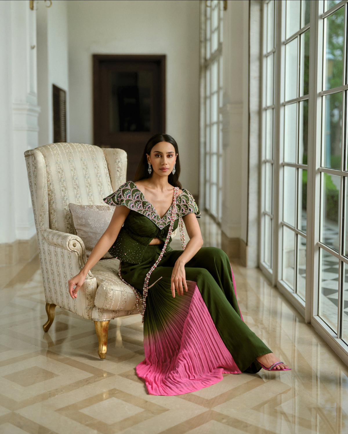 Embellished Cape-Style Top and Ombré pant Set