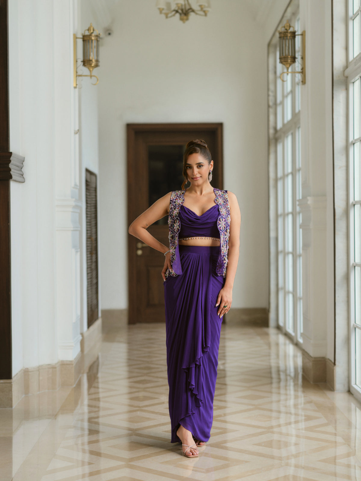 Embellished Jacket, Blouse, and Draped Skirt Set