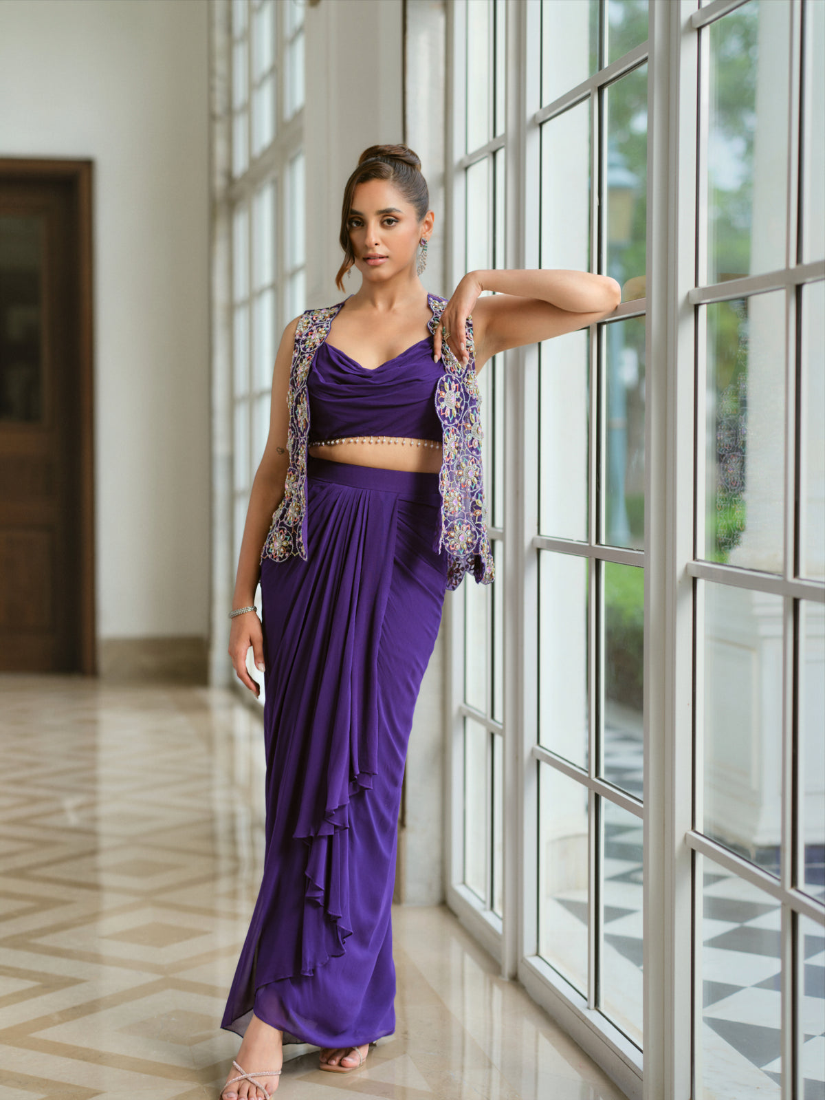 Embellished Jacket, Blouse, and Draped Skirt Set
