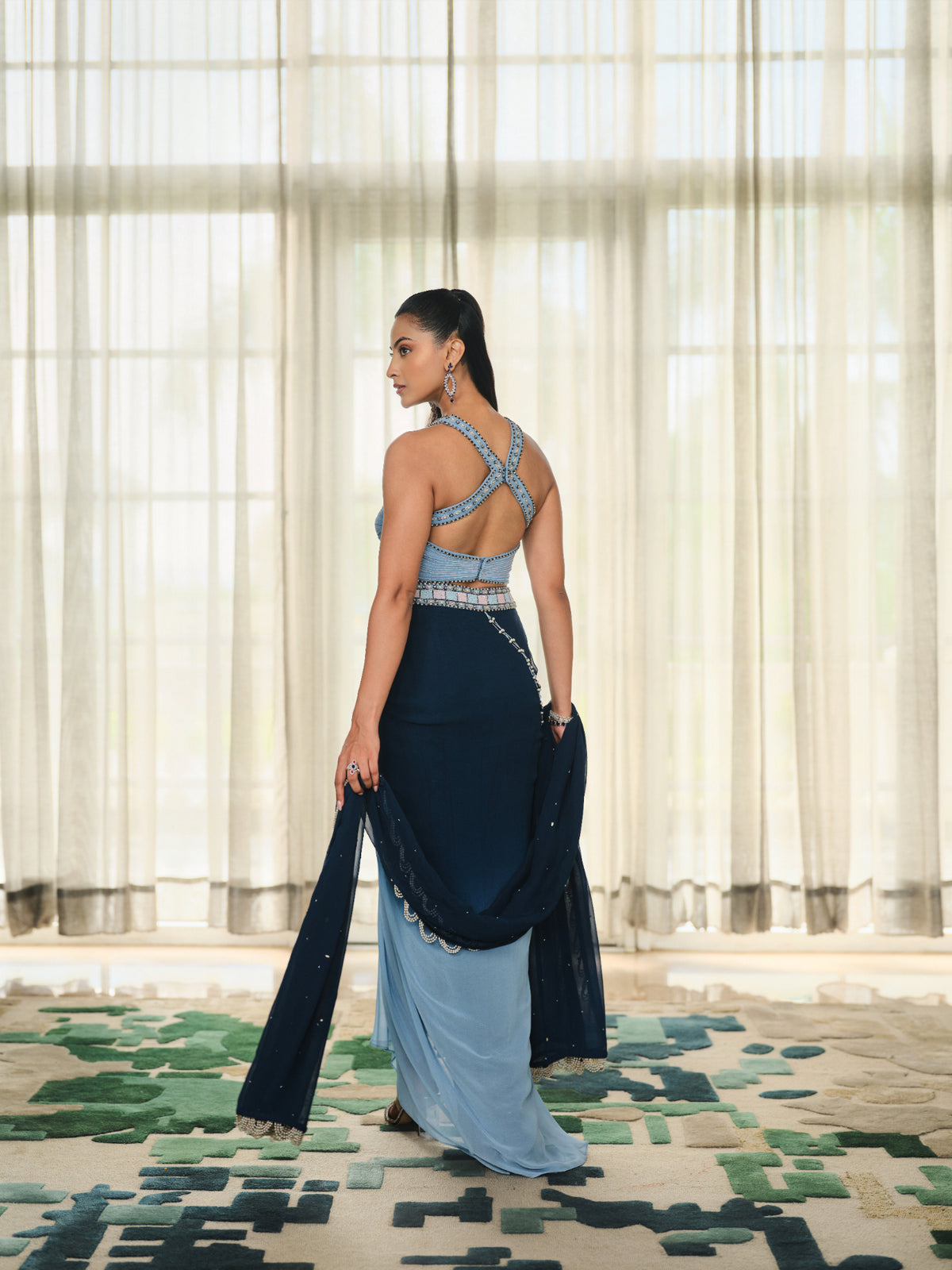 Embellished Halter Blouse, Skirt, and Dupatta Set