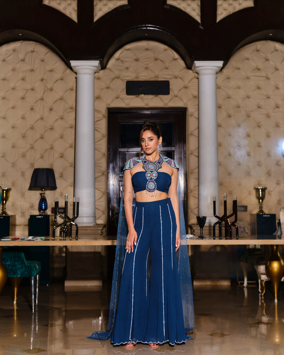 Embellished Top, Pants, and Attached Cape Set