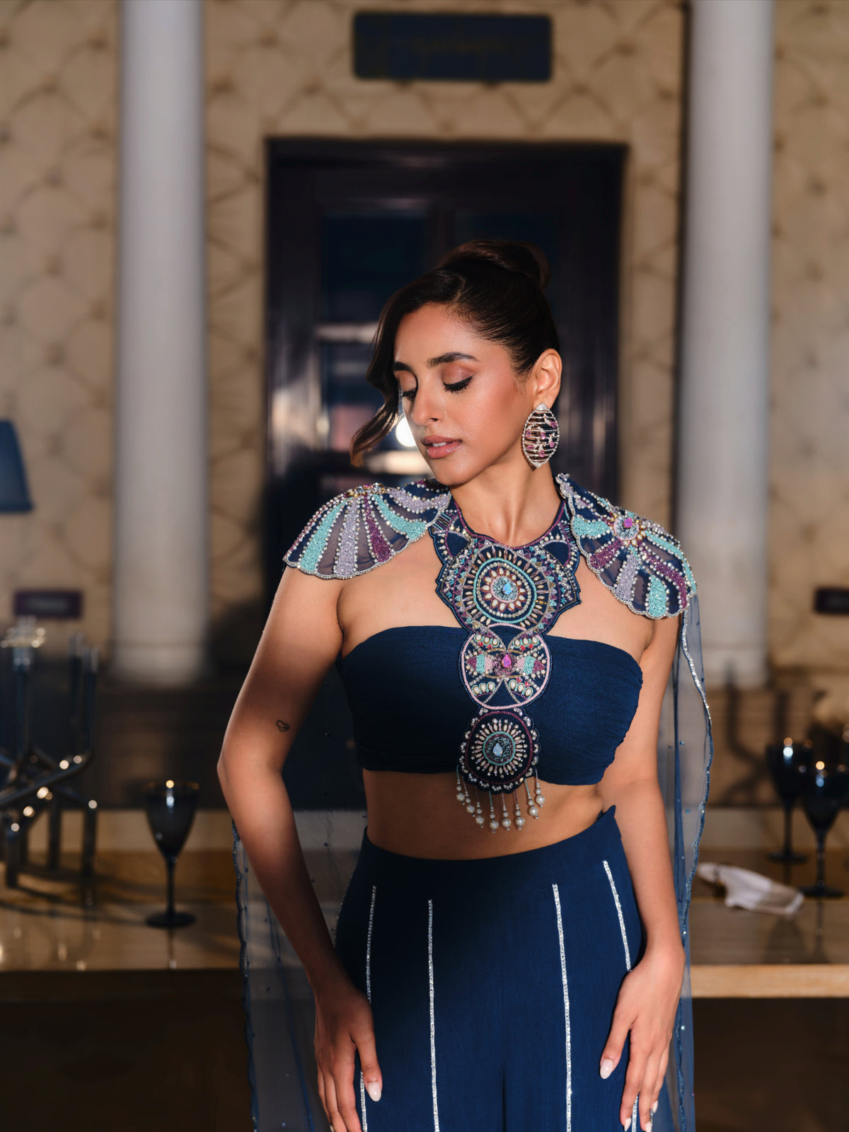 Embellished Top, Pants, and Attached Cape Set