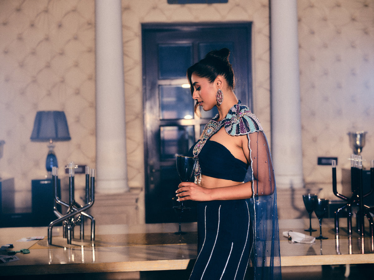 Embellished Top, Pants, and Attached Cape Set