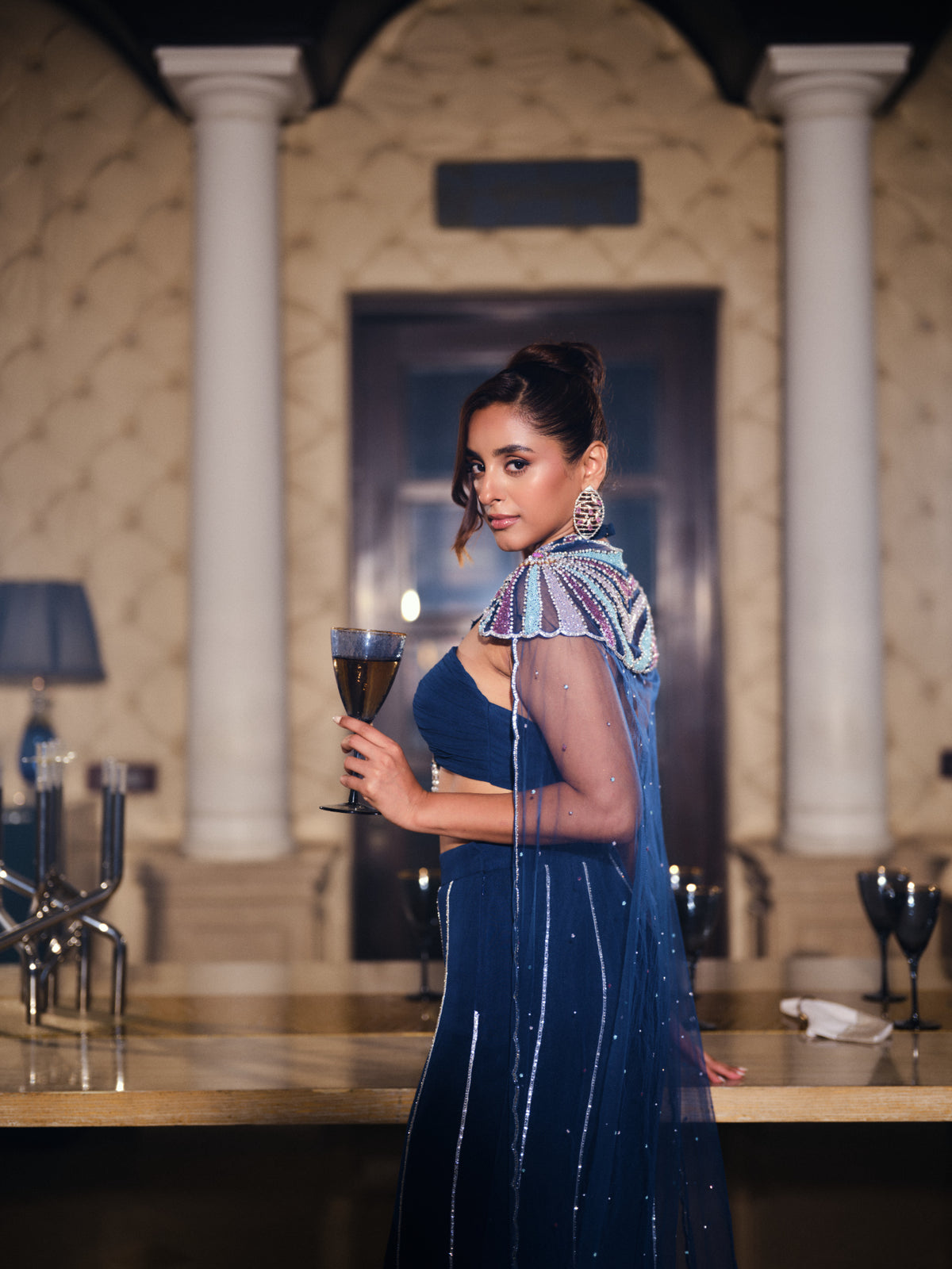 Embellished Top, Pants, and Attached Cape Set