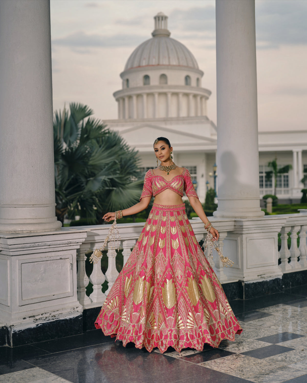 Bridal Lehenga with Trail Veil and Matching Bangles