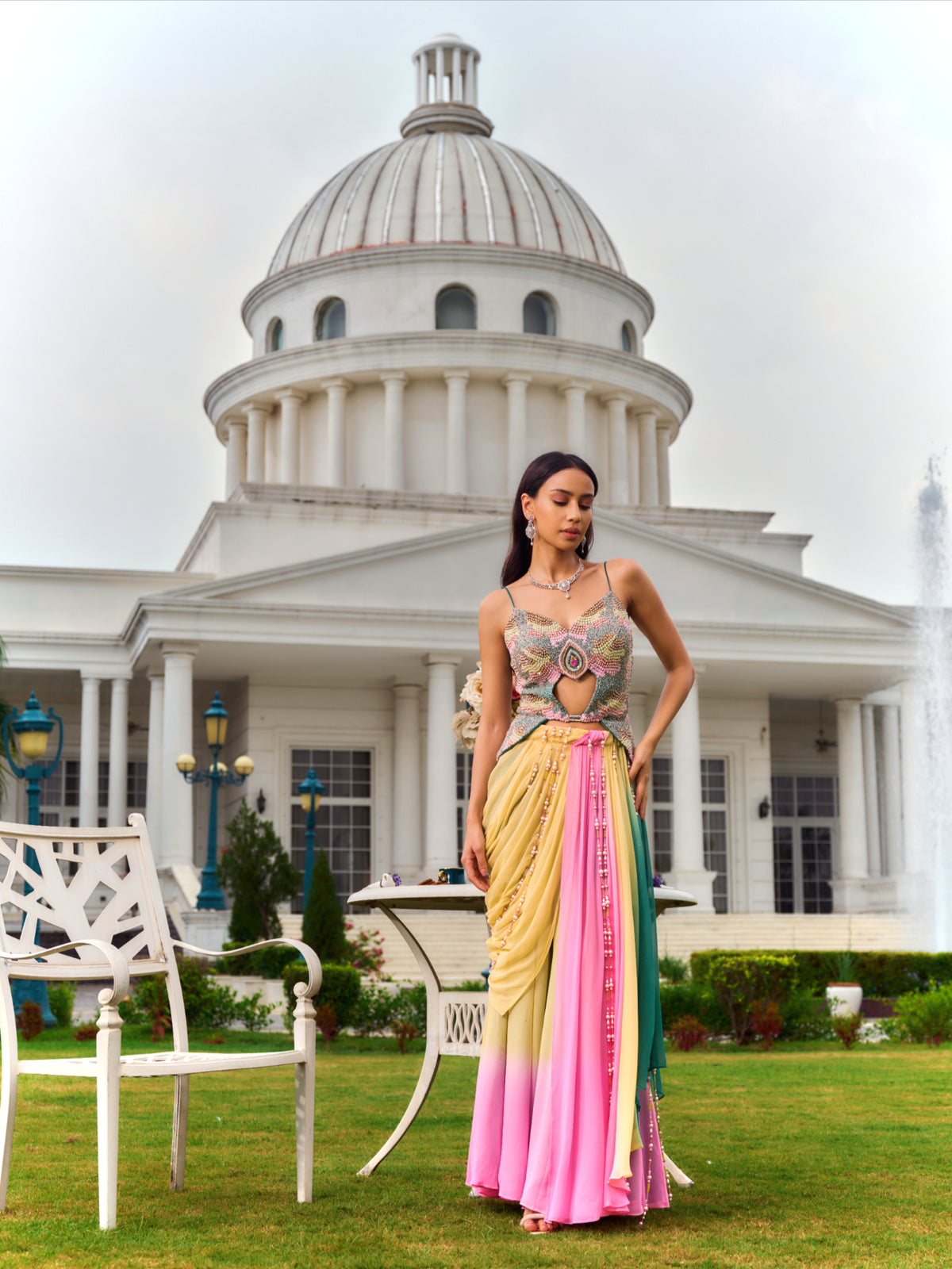 Embellished Peplum Top with Draped Skirt and Pants Set