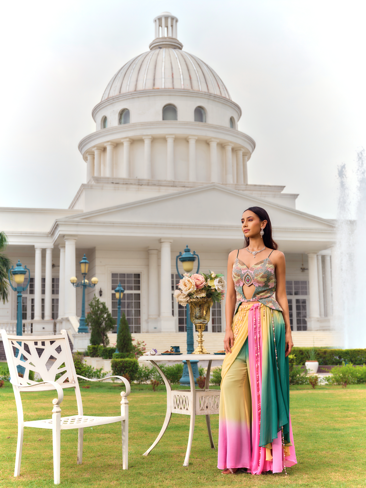 Embellished Peplum Top with Draped Skirt and Pants Set