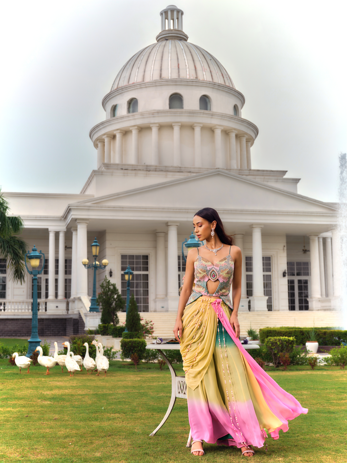 Embellished Peplum Top with Draped Skirt and Pants Set