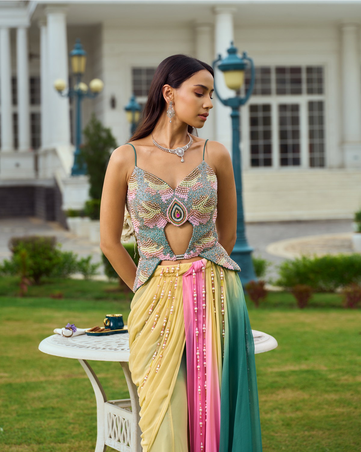 Embellished Peplum Top with Draped Skirt and Pants Set