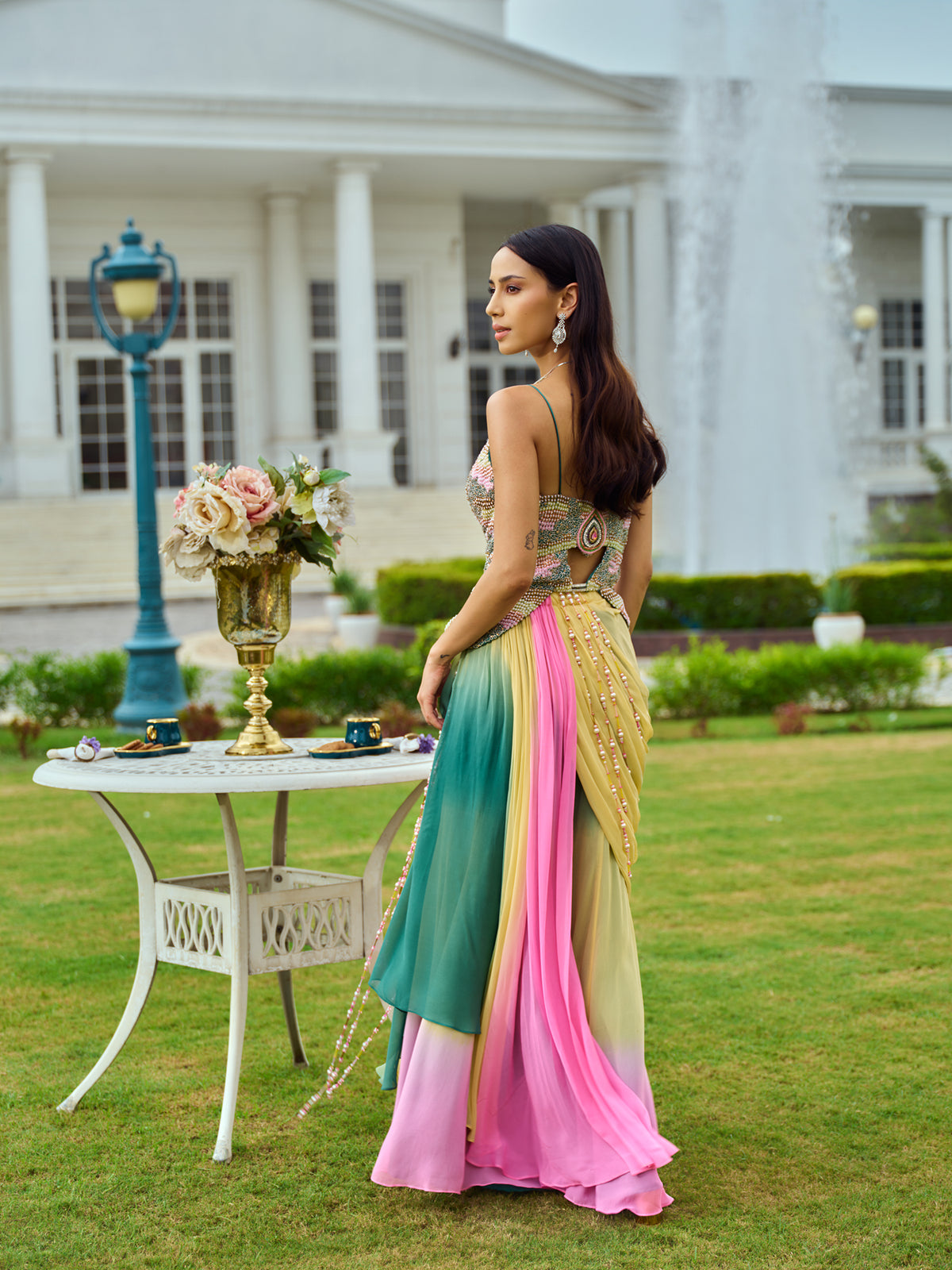 Embellished Peplum Top with Draped Skirt and Pants Set