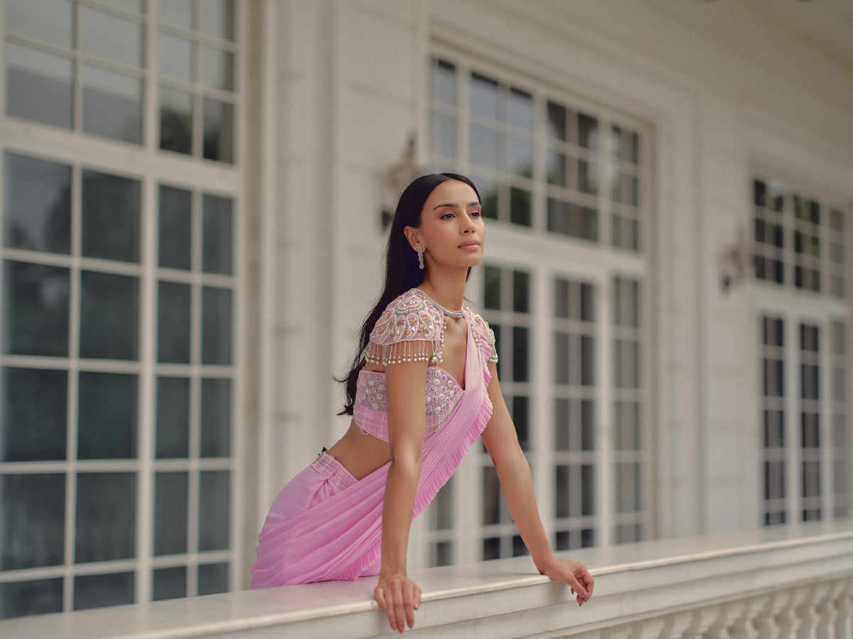 Blush Pink Pre-draped Saree