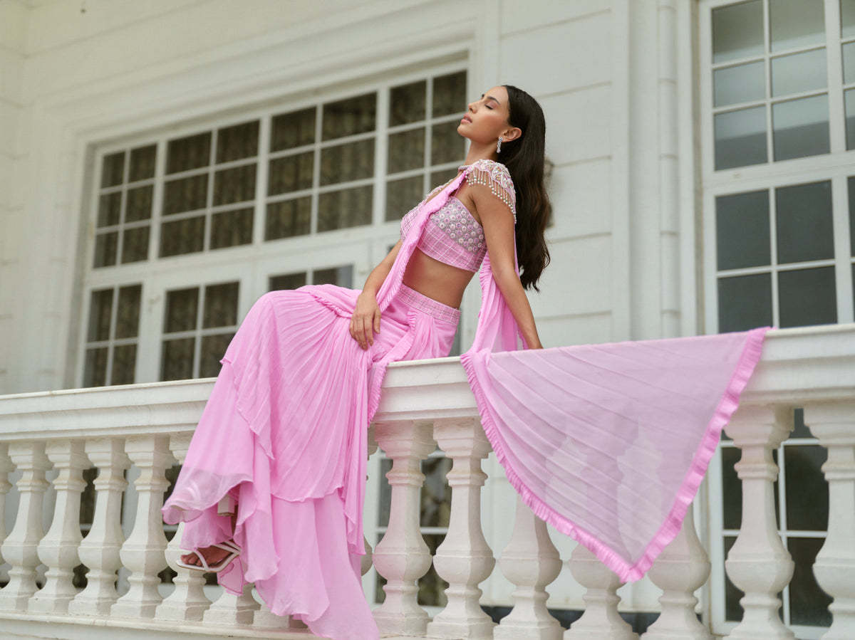 Blush Pink Pre-draped Saree