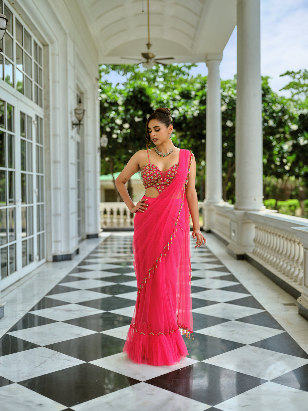 Fuchsia bloom Pre-Draped saree set