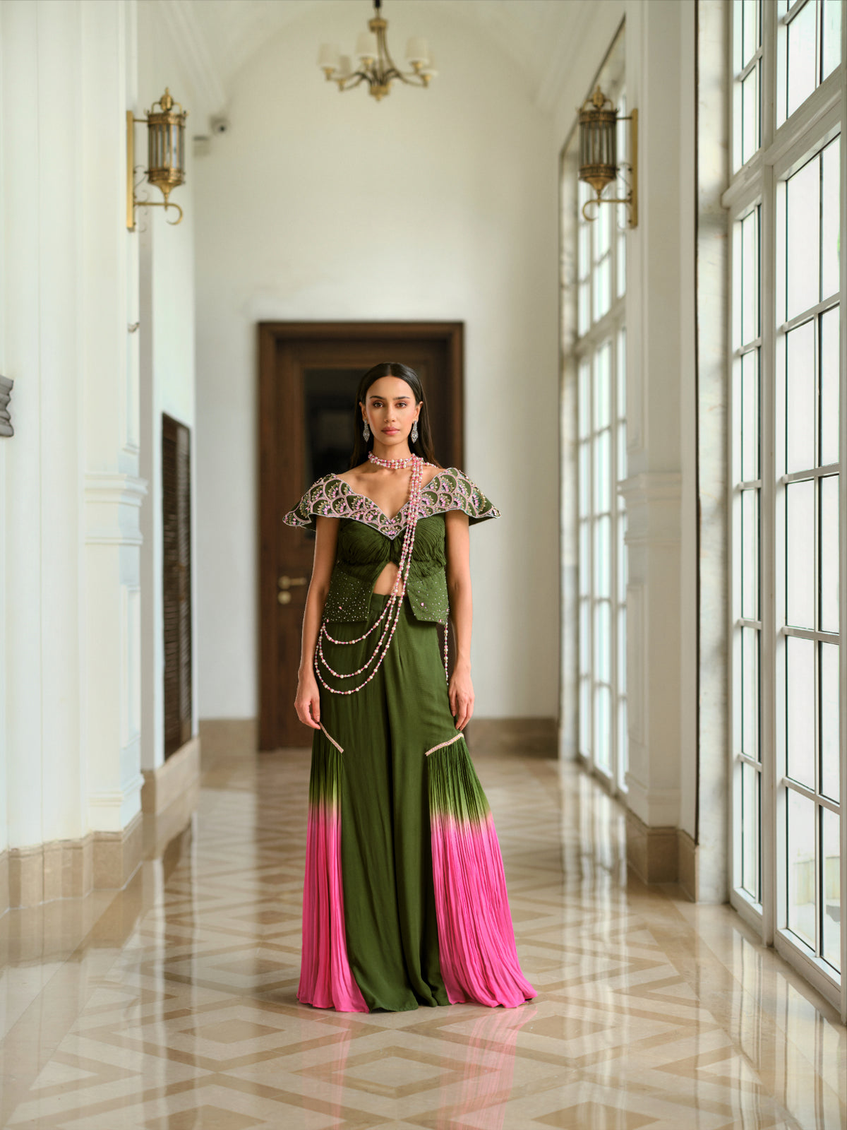 Embellished Cape-Style Top and Ombré pant Set
