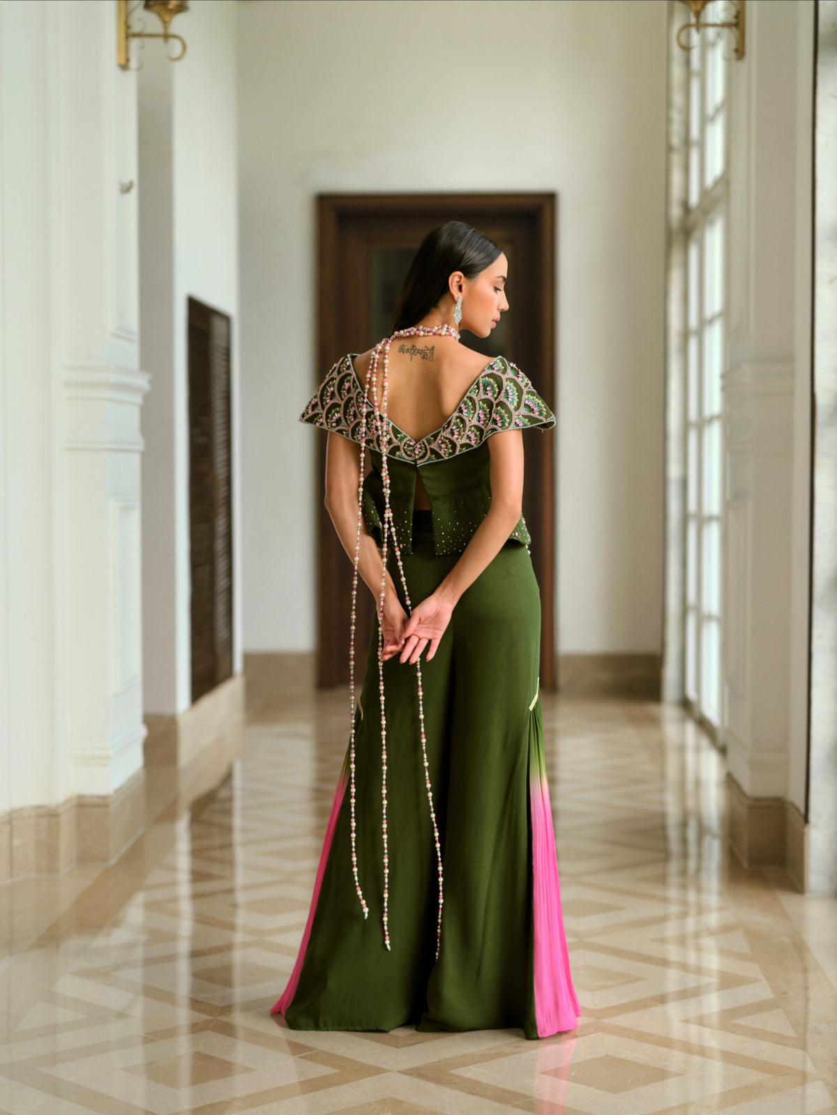 Embellished Cape-Style Top and Ombré pant Set