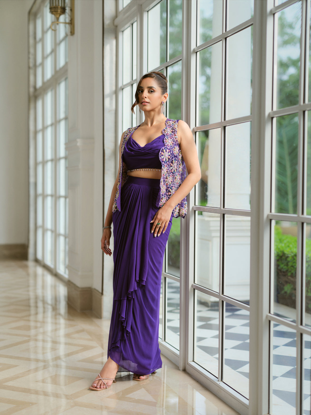 Embellished Jacket, Blouse, and Draped Skirt Set
