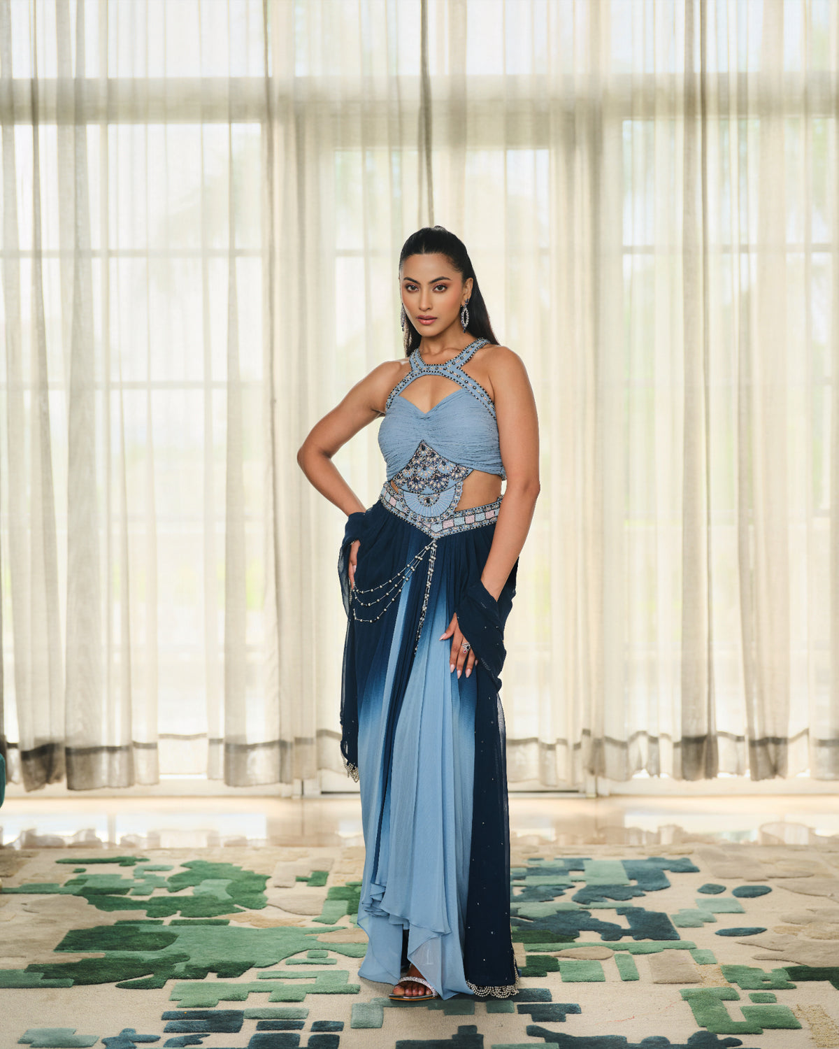 Embellished Halter Blouse, Skirt, and Dupatta Set