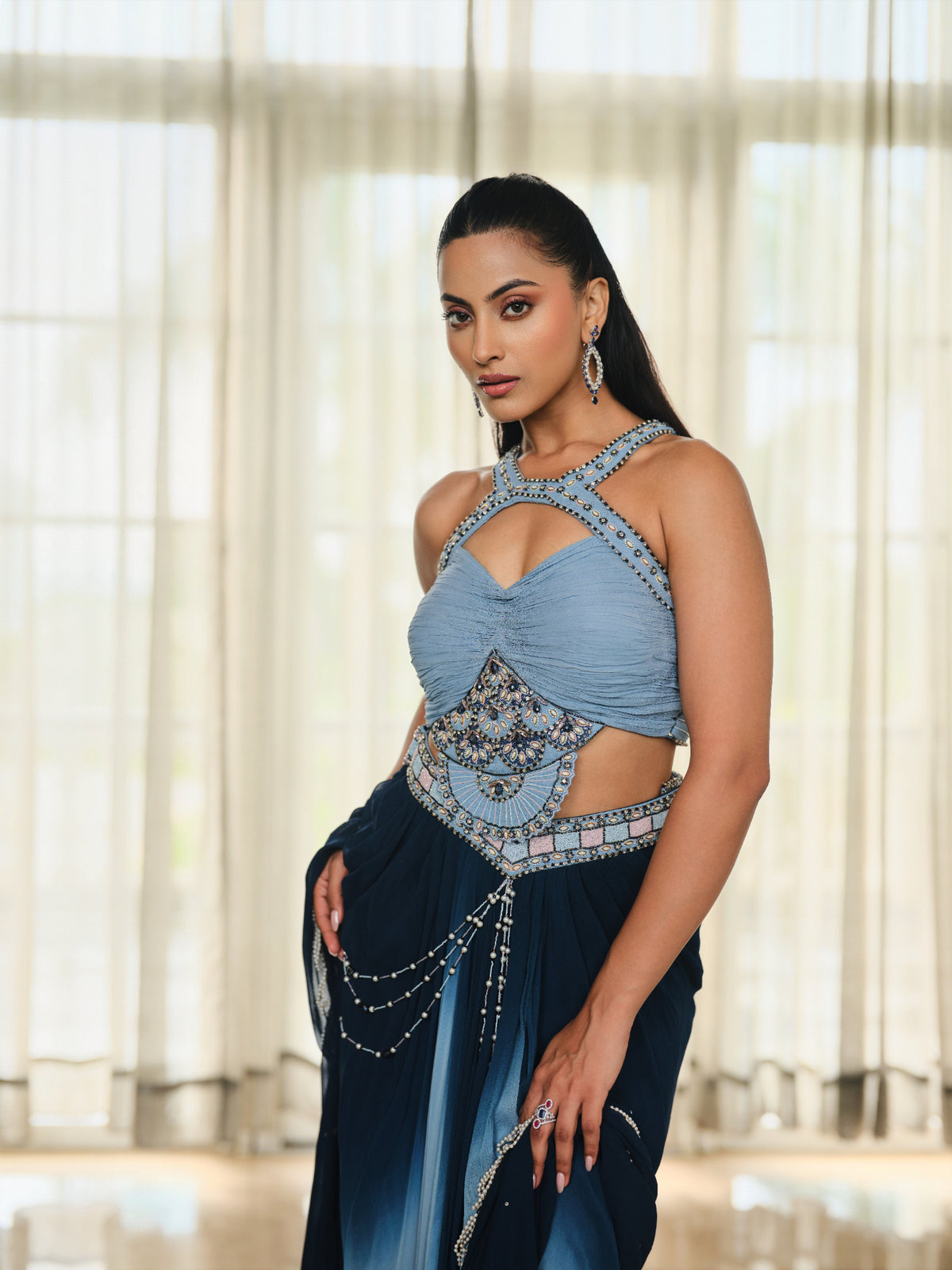 Embellished Halter Blouse, Skirt, and Dupatta Set
