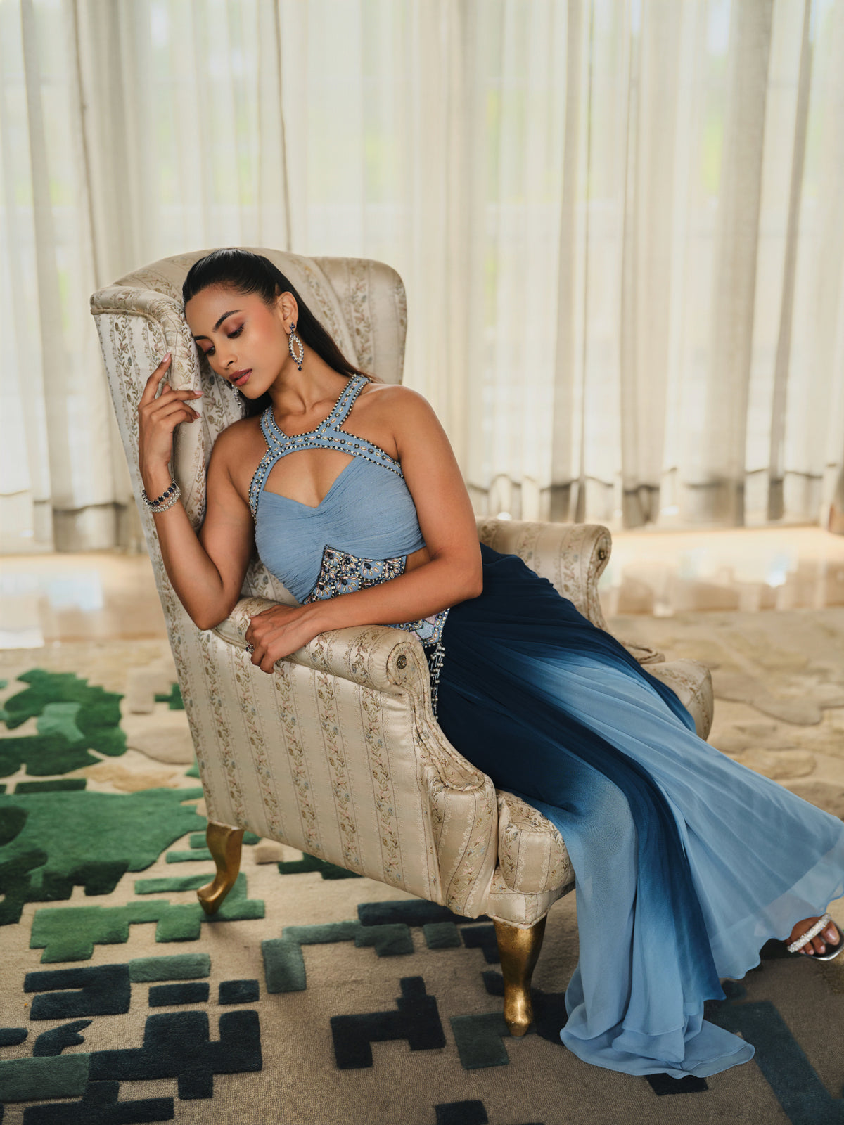 Embellished Halter Blouse, Skirt, and Dupatta Set