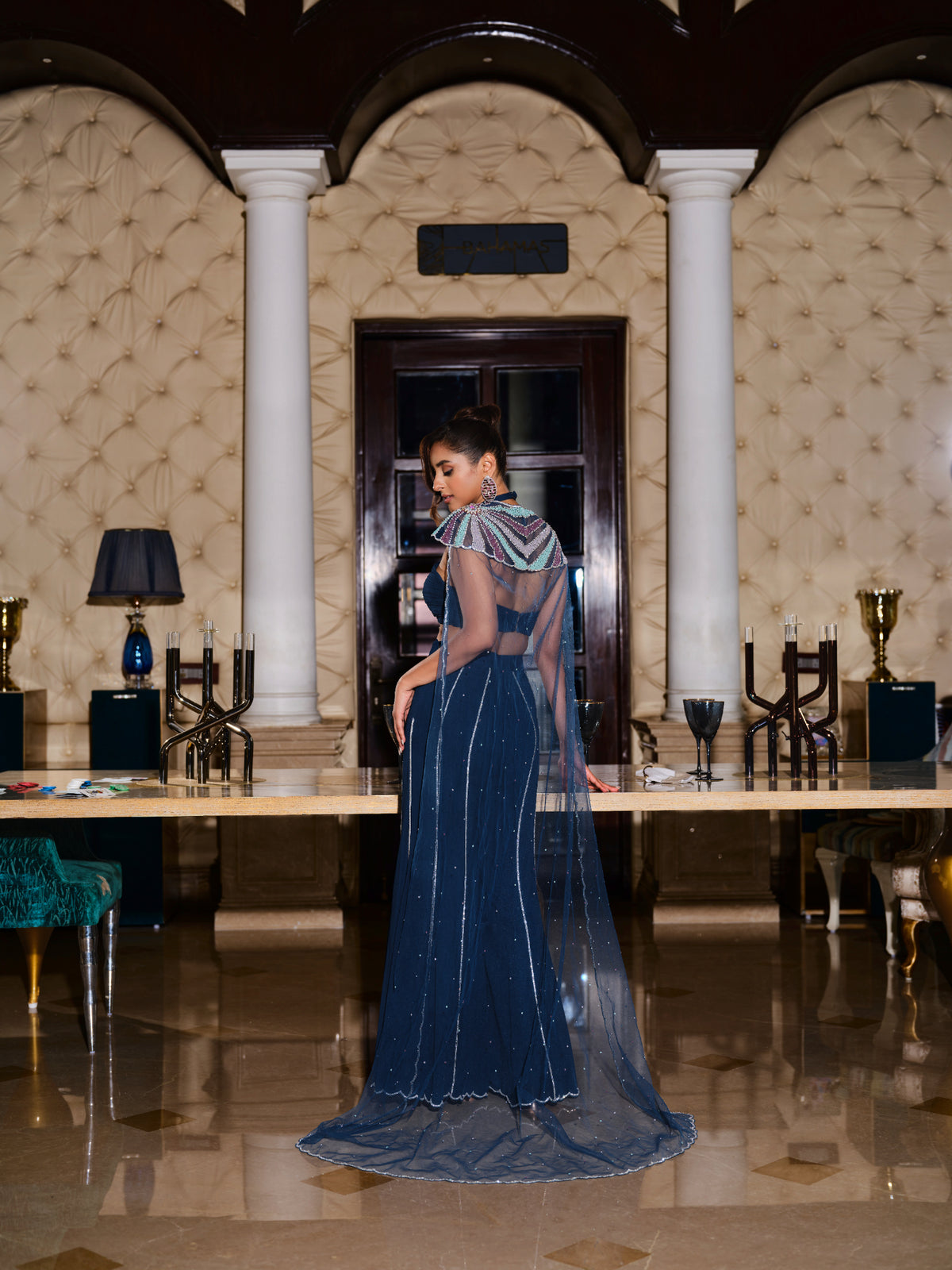 Embellished Top, Pants, and Attached Cape Set
