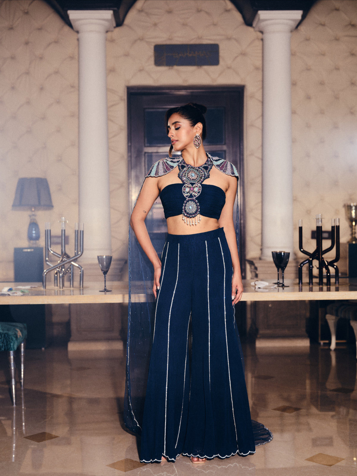 Embellished Top, Pants, and Attached Cape Set