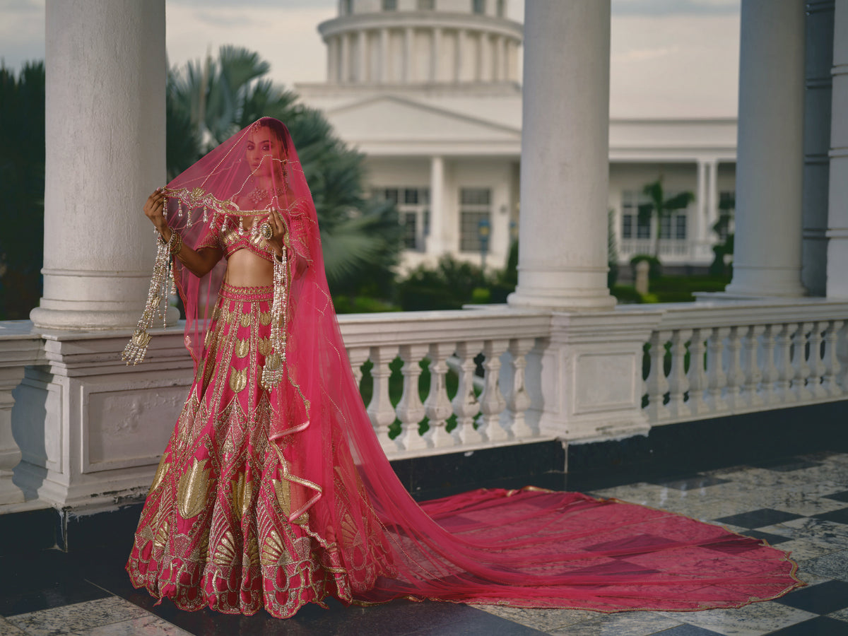 Bridal Lehenga with Trail Veil and Matching Bangles